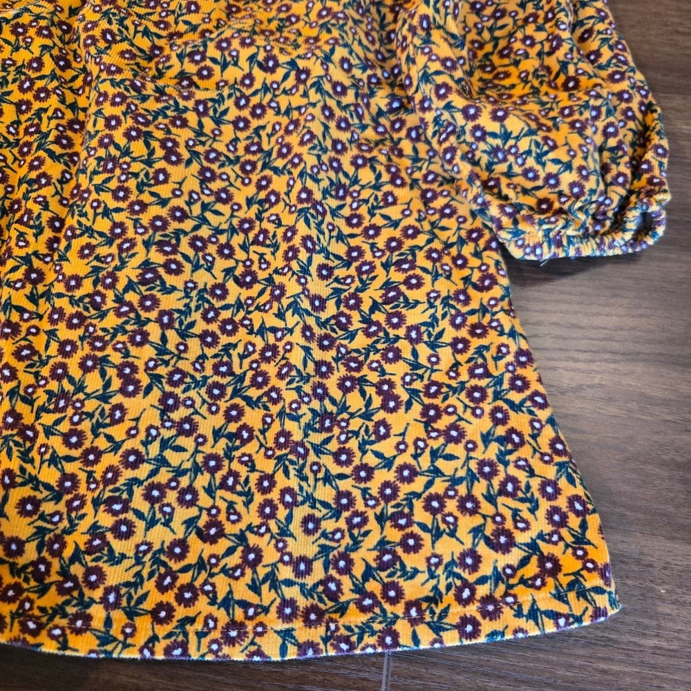 Next SP Girls Mustard Yellow Floral Corduroy Dress Ruffle‎ Neck 2-3 Years